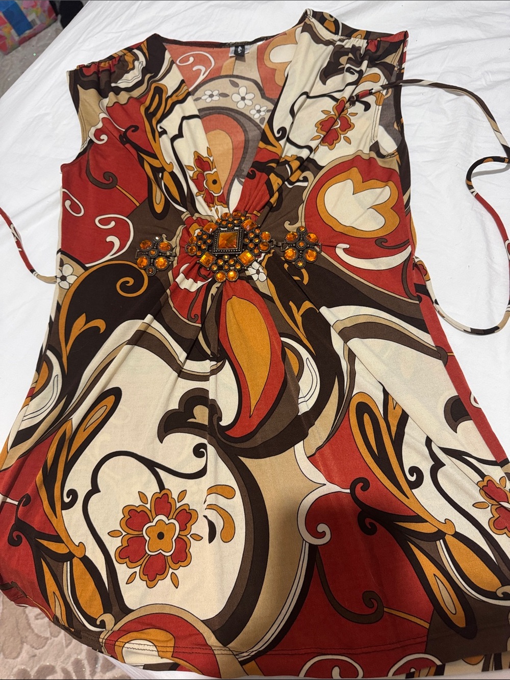 Sleeveless V-Neck Floral Swirl Tunic with Center Embellishment - Red/Brown/Cream
